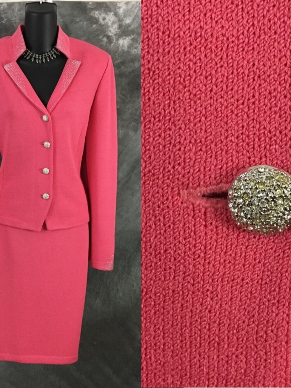 BEAUTIFUL st john evening knit pink rhinestones embellished skirt suit size 10